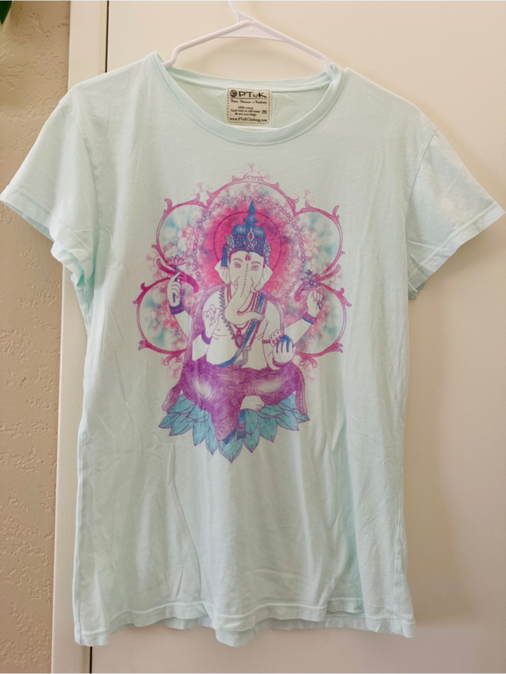 Light Aqua Graphic Ganesha Short Sleeve Tee -Medium-by PTnK